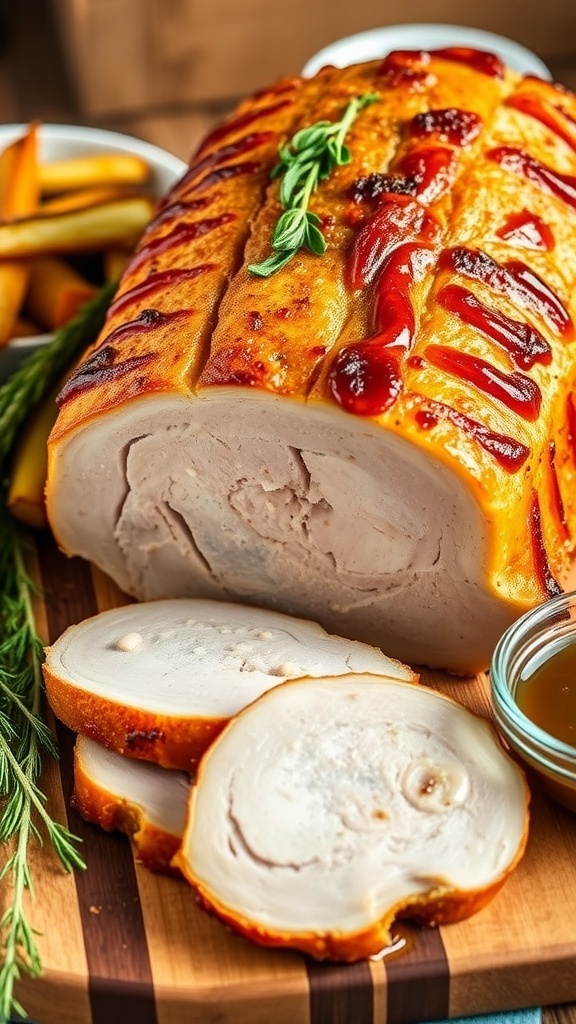 Sliced air fryer pork loin roast on a wooden board, garnished with herbs, served with roasted vegetables.